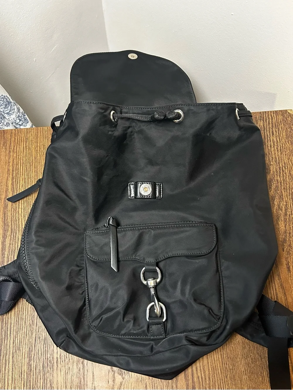 Black Rebecca Minkoff Nylon Backpack w/ Silver Tone Lobster Clasp Accent